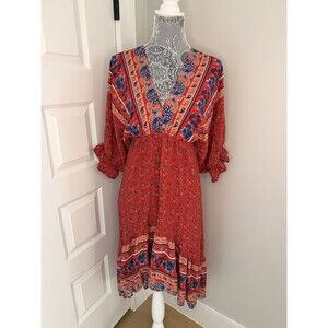 Umgee Red Ditsy Print Midi Dress Womens Size M Dolman Sleeve Tie Back Boho, HiLo